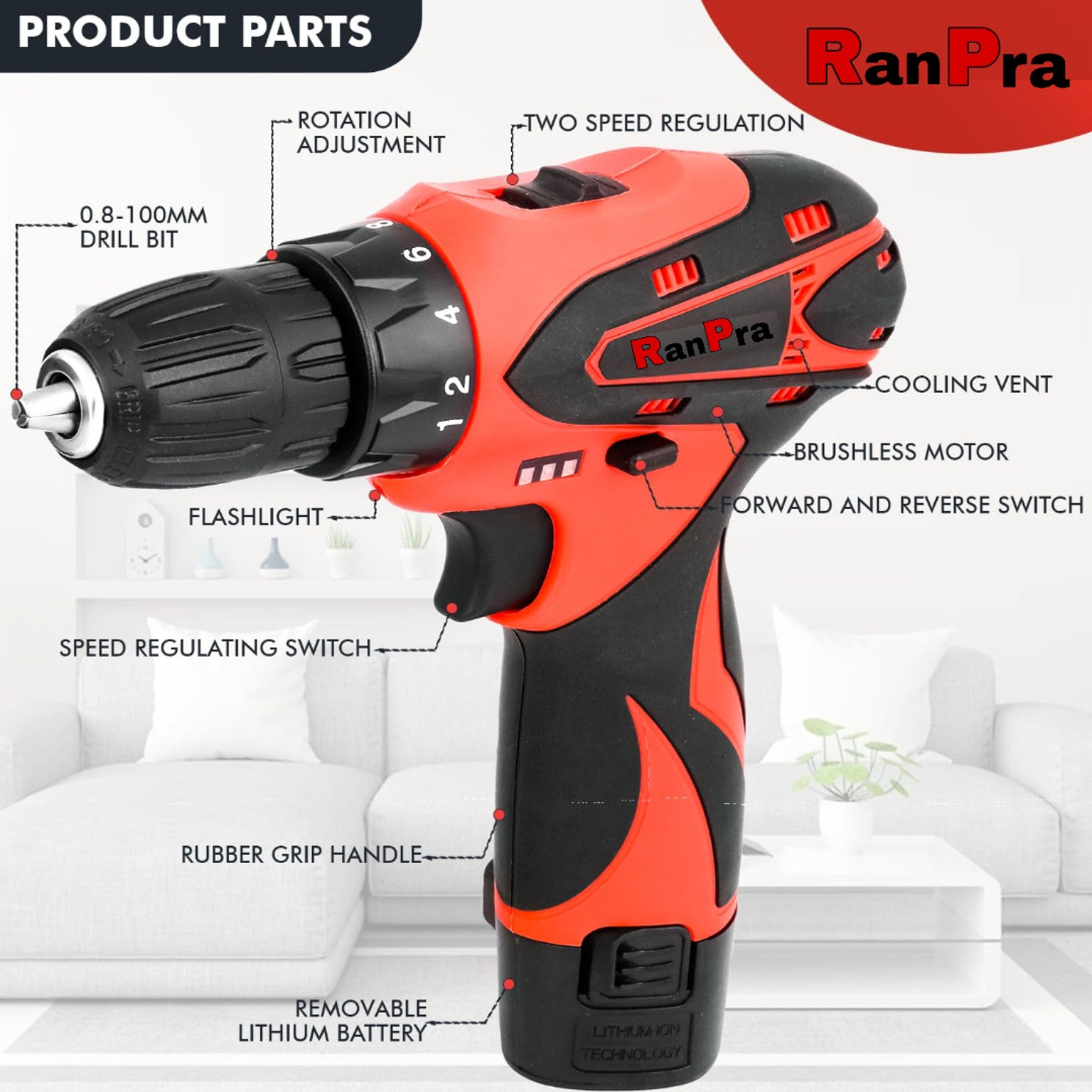 RanPra 12V CORDLESS MACHINE HEAVY DUTY SCREWDRIVER ( DOUBLE BATTERY ) 12 V CORDLESS DRILL MACHINE REDHORSE HEAVY DUTY DRILL/ SCREWDRIVER ( DOUBLE BATTERY )10 MM Cordless Drill