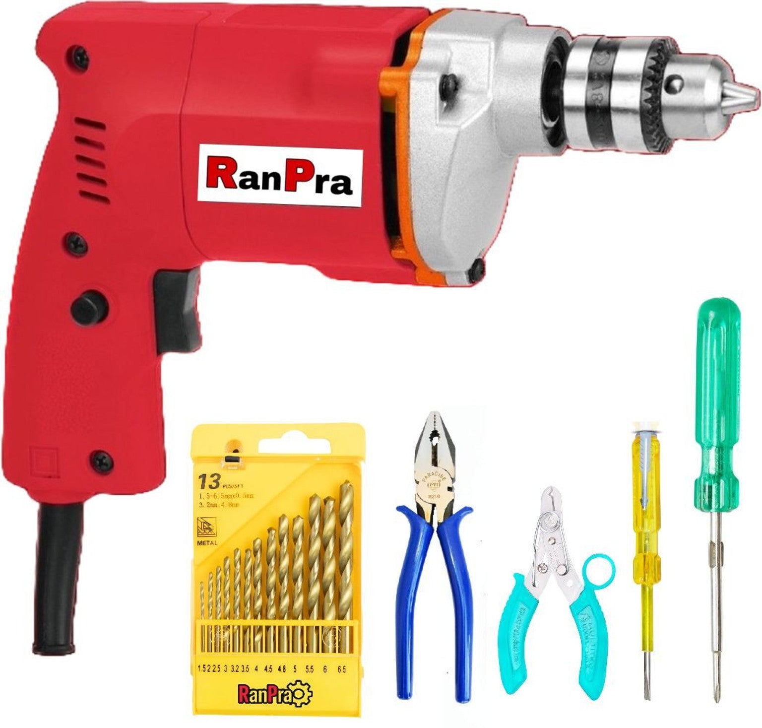 RanPra 6-Month Warranty machine 13pc HSS Plier 100% Copper Winding Masonry bit 2in1 Screwdriver Wire Cutter Claw Hammer Electric Tester (Pack of 8) Pistol Grip Drill