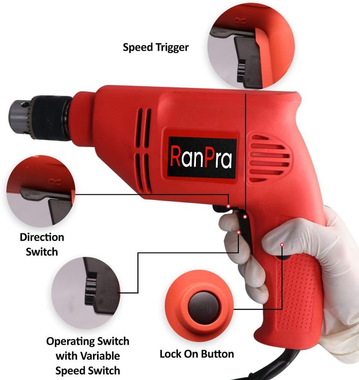 RanPra 100% COPPER ARMETURE FORWARD AND REVERSE DIRECTION 10MM DRILL MACHINE WITH 13PCS DRILL BIT