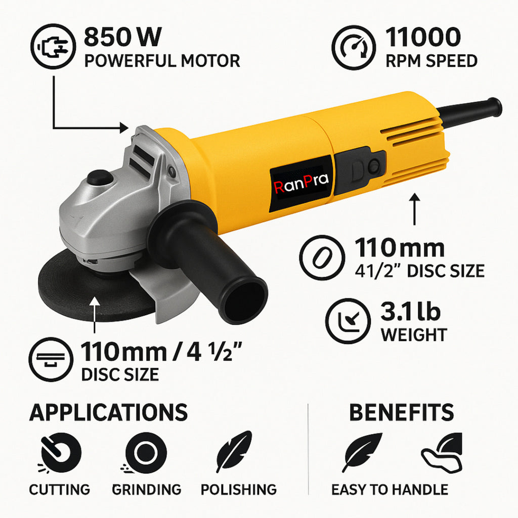 RanPra 850 WATT 4 INCH ANGLE GRINDER WITH 8 WHEEL 2 CUP BRUSH AND 6 HAND TOOL Angle Grinder