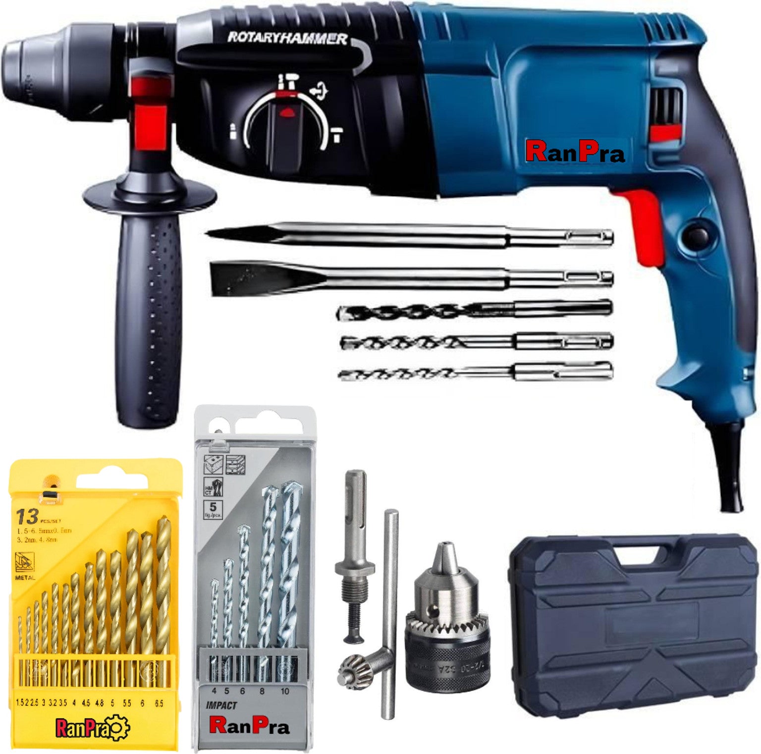 RanPra RP26 100% Copper winding Machine with 5pc bit 13mm drill chuck & Adaptor 13pc HSS 5Pc Masonry bit Rotary Hammer Drill