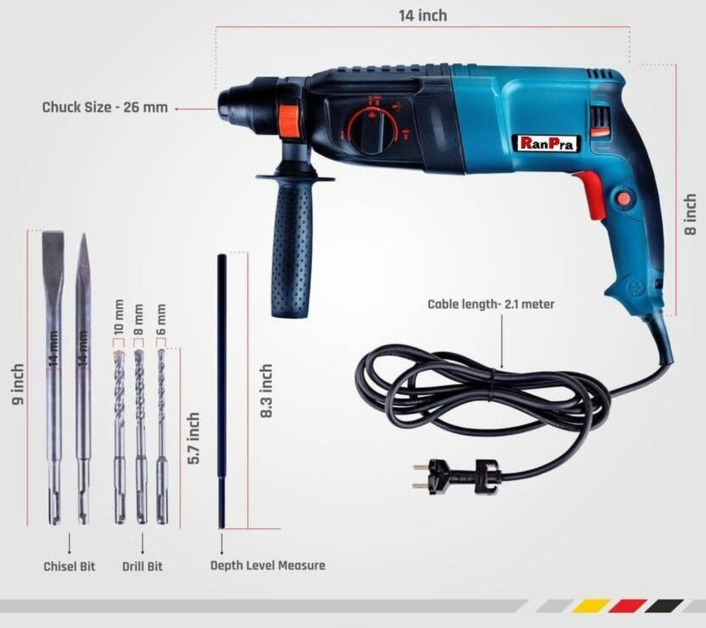 RanPra 13 MM DRILL CHUCK SDS AND 5PCS DRILL BIT 100% copper winding 26 mm hammer drill And Heavy Duty Angle Grinder With Rotary Hammer Drill