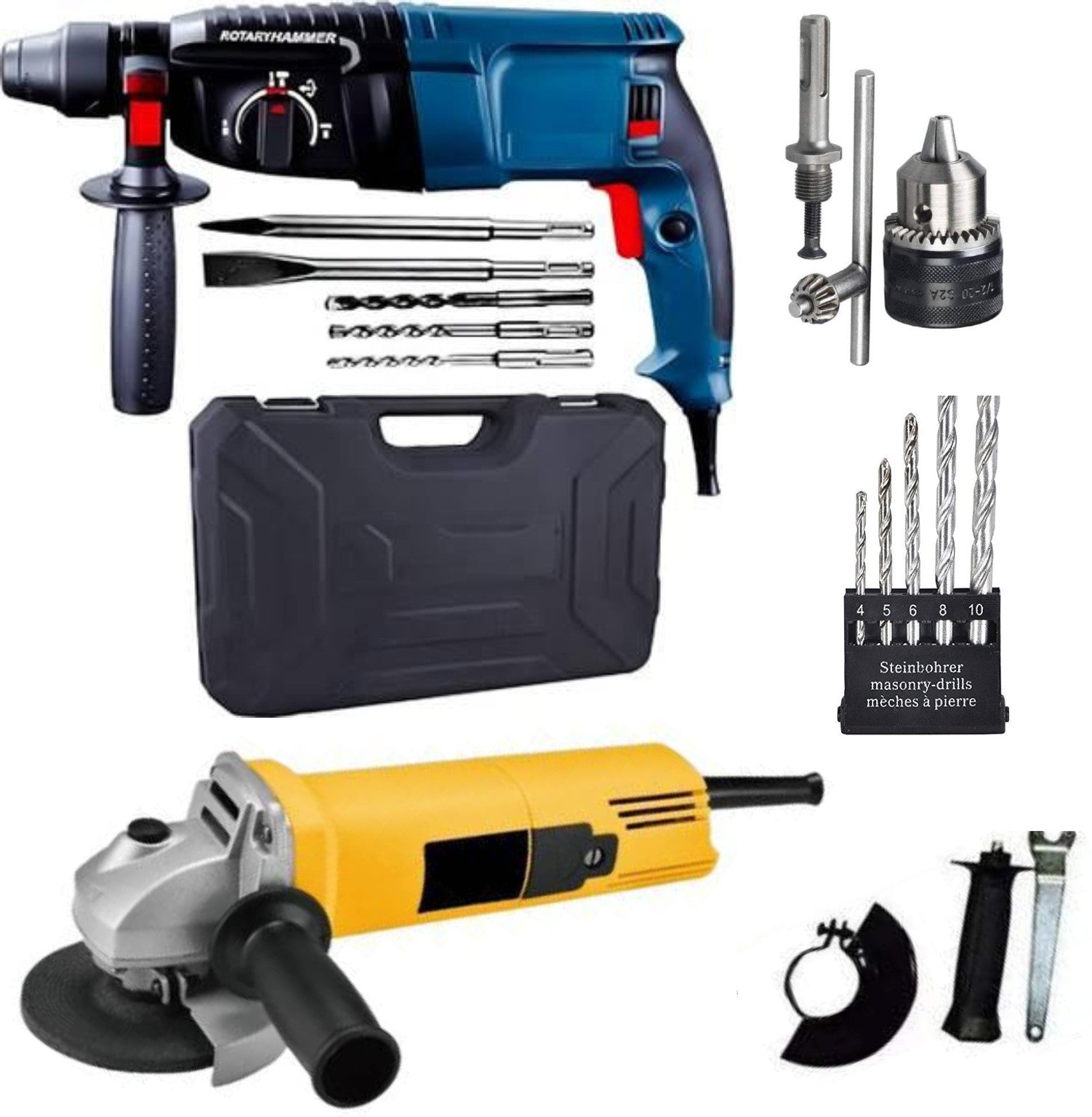 RanPra 13 MM DRILL CHUCK SDS AND 5PCS DRILL BIT 100% copper winding 26 mm hammer drill And Heavy Duty Angle Grinder With Rotary Hammer Drill