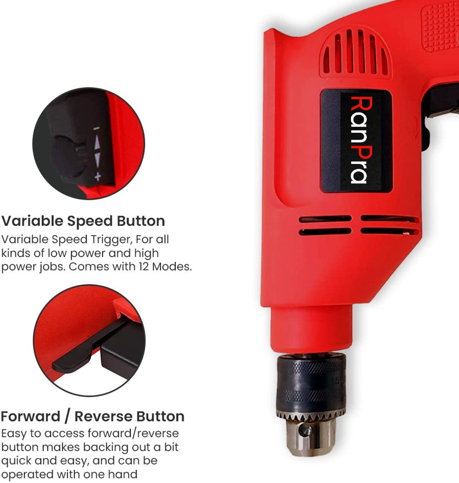 RanPra 100% COPPER ARMETURE FORWARD AND REVERSE DIRECTION 10MM DRILL MACHINE WITH 13PCS DRILL BIT